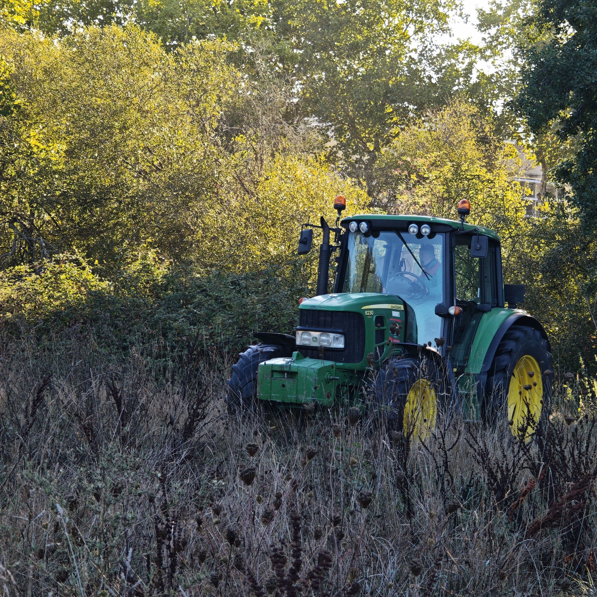 Tracteur en lisière d'une friche herbacée avant fauche — 16 septembre 2026, Campus Nantes